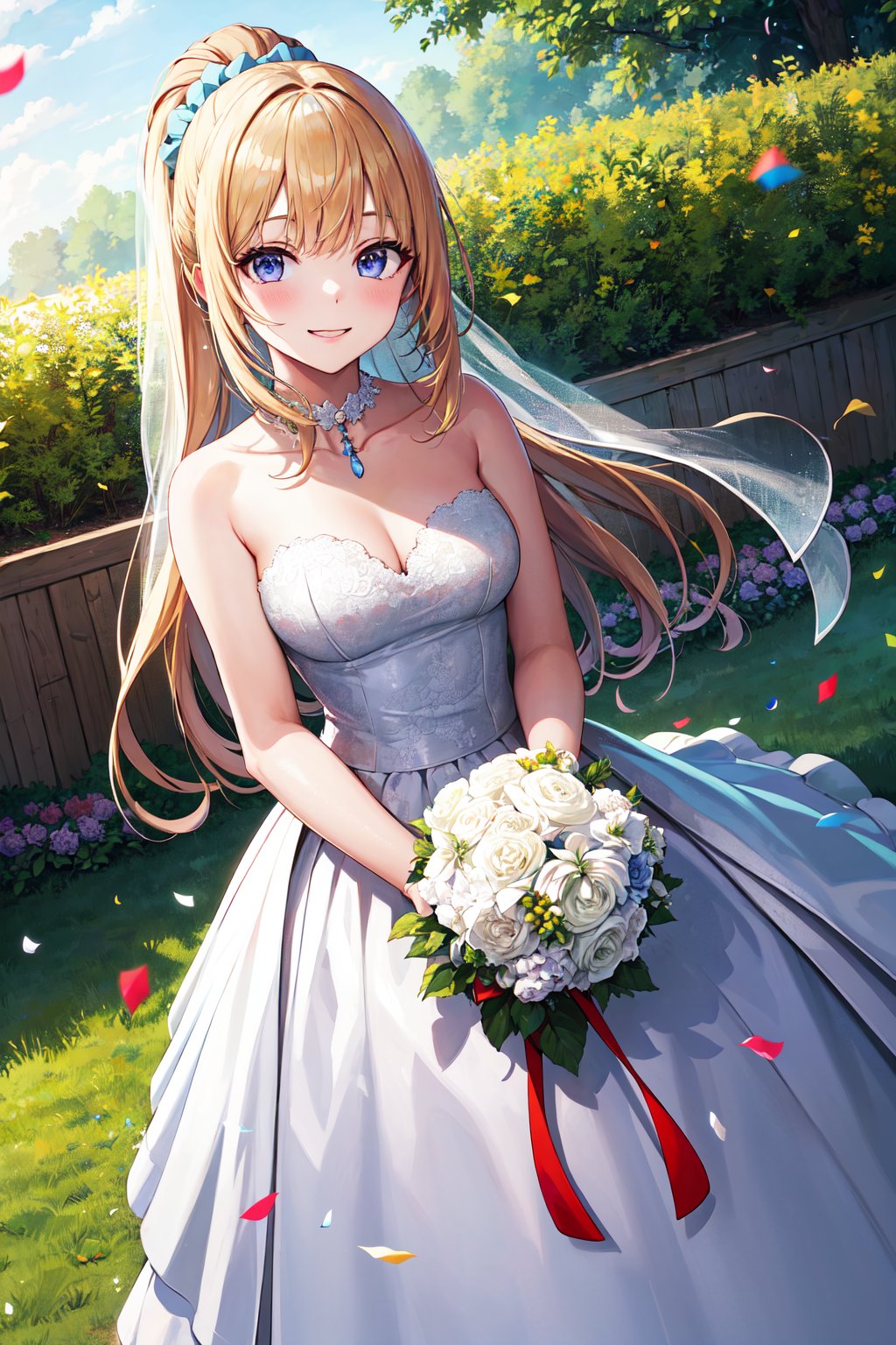 masterpiece, best quality, highres, aakei, long hair, blonde hair, ponytail, hair scrunchie, <lora:karuizawa_kei_v1:0.7>, standing, wedding dress, garden, confetti, smile, holding bouquet, 