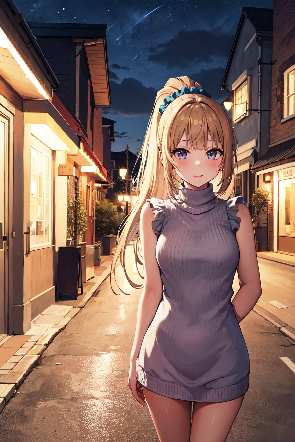 masterpiece, best quality, highres, aakei, long hair, blonde hair, ponytail, hair scrunchie, <lora:karuizawa_kei_v1:0.7>, sweater dress, standing, sleeveless, outdoors, street, night