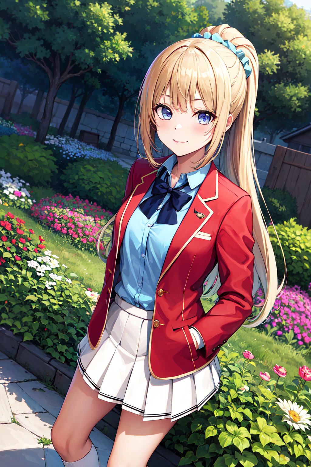 masterpiece, best quality, highres, bbkei, long hair, blonde hair, ponytail, hair scrunchie, collarbone, blue bowtie, collared shirt, blue shirt, red jacket, blazer, open jacket, long sleeves, pleated skirt, white skirt, <lora:karuizawa_kei_v1:0.7>, standing, garden, (hands in pockets:1.2), smile, loafers, socks, 