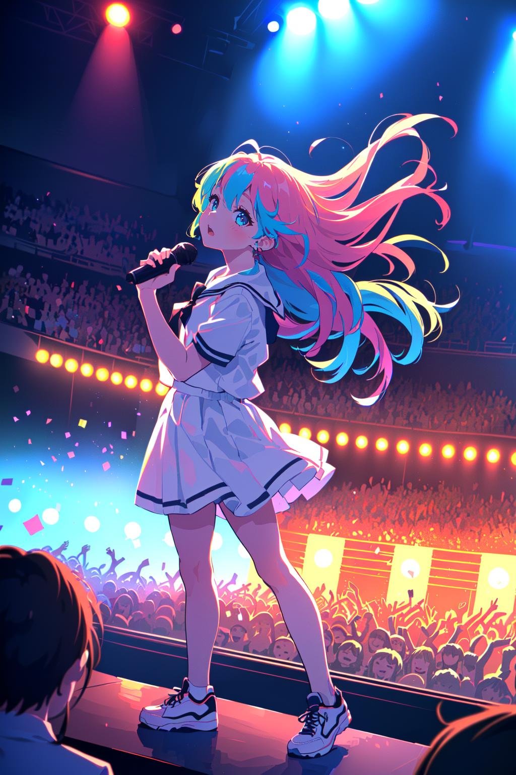 (best quality, masterpiece:1.1),   cowboy shot, dynamic angle,   (facing up:1.2),  (1female), easygoing face, rainbow hair, long hair, curly hair,        white skirt, skirt, school uniform, sneakers, ( concert, (concert hall, stage), crowd, highlights, (Idol), (singer)),  