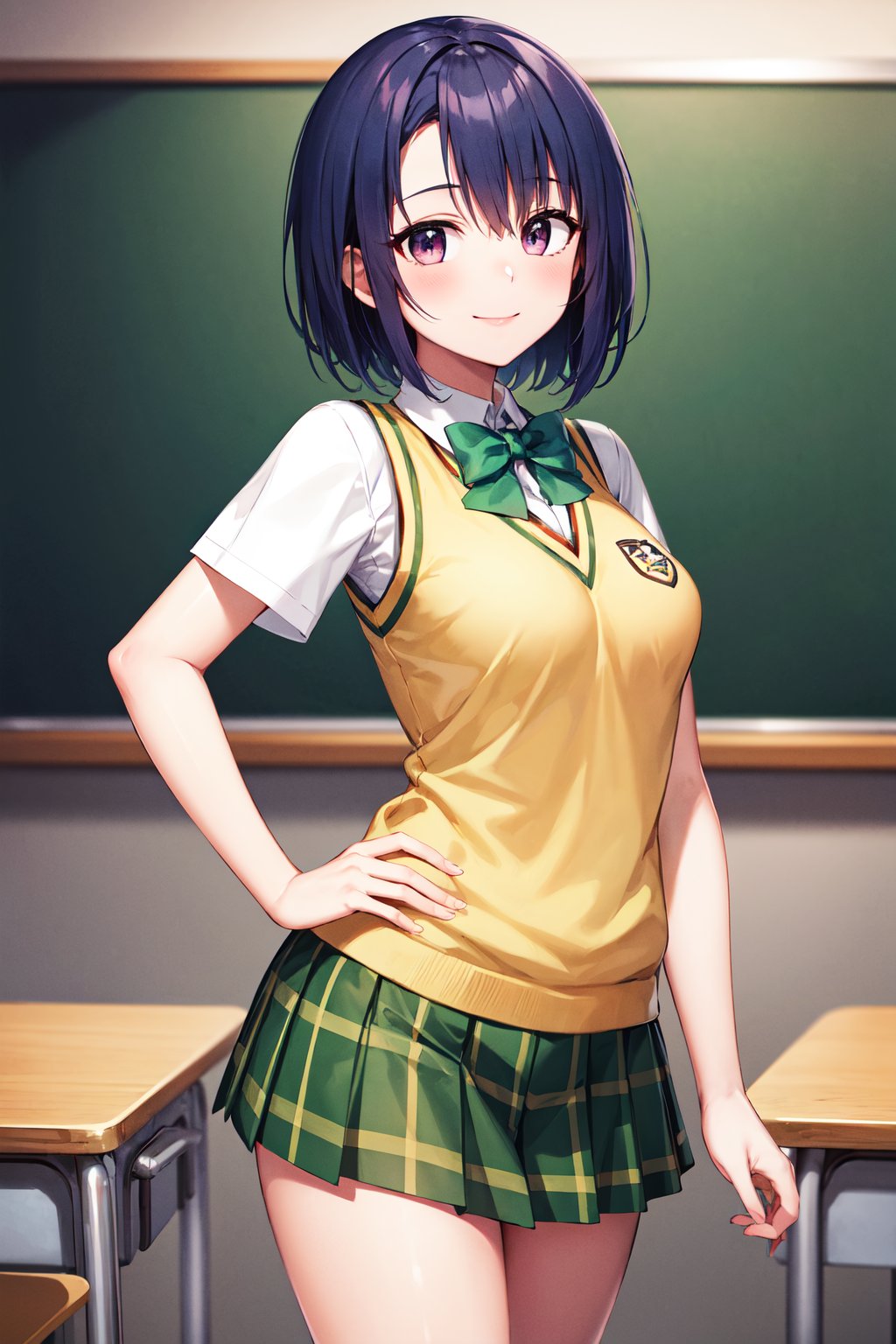 masterpiece, best quality, highres, aaharuna, short hair, bangs, school uniform, green bowtie, white shirt, sweater vest, yellow vest, short sleeves, plaid skirt, green skirt, pleated skirt, <lora:sairenji_haruna_v1:0.7>, classroom, hand on hip, smile, standing,