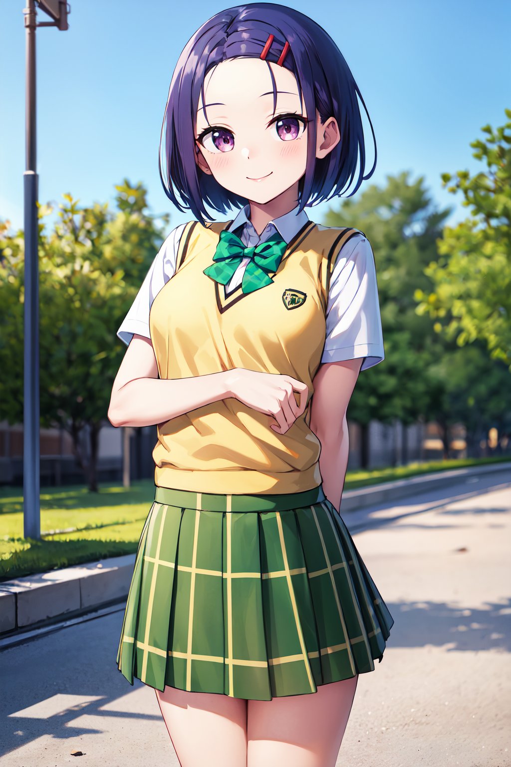 masterpiece, best quality, highres, aaharuna, short hair, hairclip, forehead, school uniform, green bowtie, white shirt, sweater vest, yellow vest, short sleeves, plaid skirt, green skirt, pleated skirt, <lora:sairenji_haruna_v1:0.7>, standing, cowboy shot, outdoors, smile