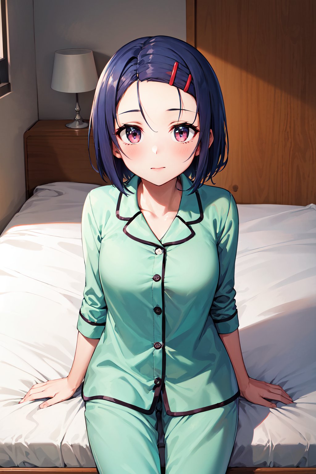 masterpiece, best quality, highres, aaharuna, short hair, hairclip, forehead, <lora:sairenji_haruna_v1:0.7>, pajamas, indoors, bed, 