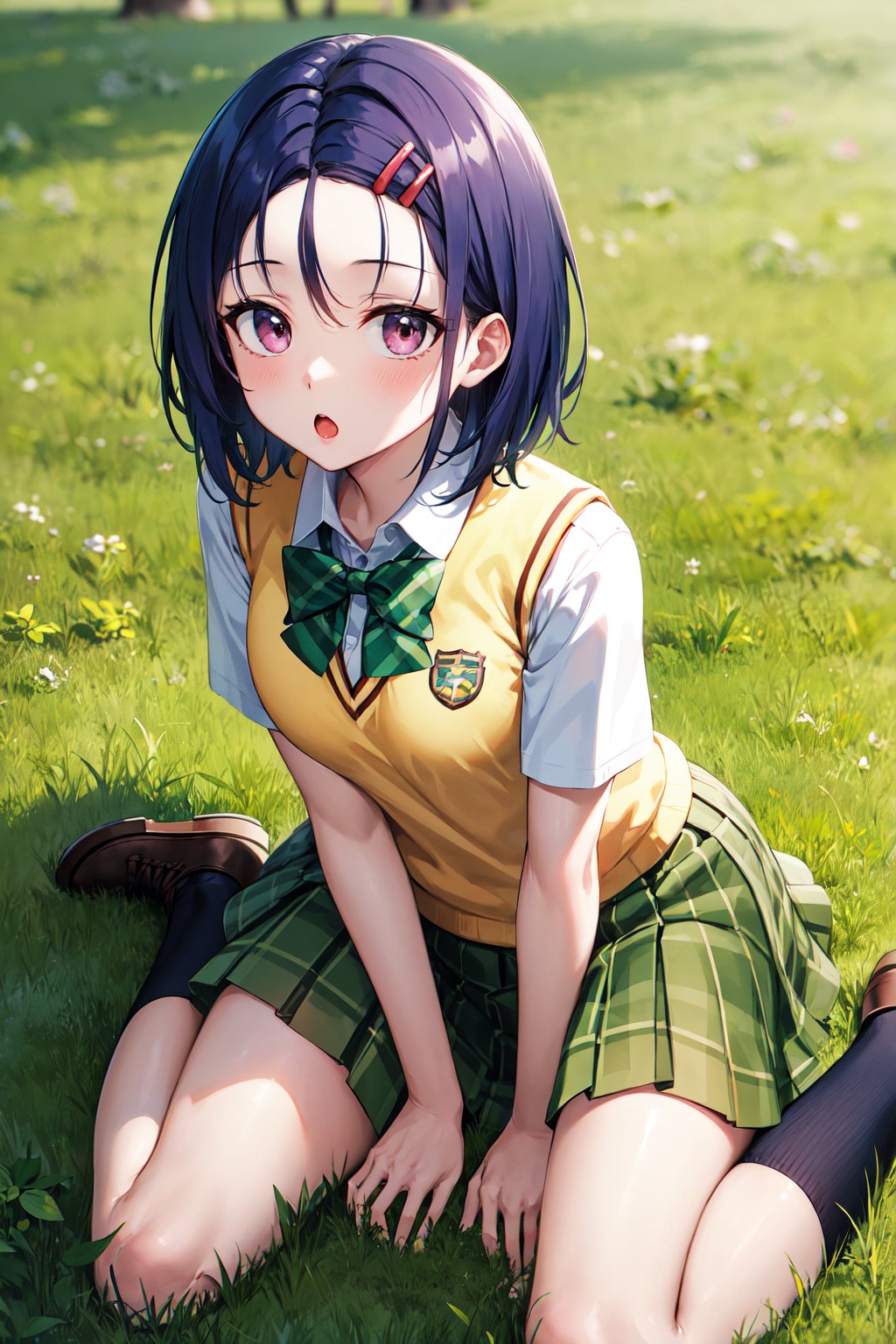 masterpiece, best quality, highres, aaharuna, short hair, hairclip, forehead, school uniform, green bowtie, white shirt, sweater vest, yellow vest, short sleeves, plaid skirt, green skirt, pleated skirt, <lora:sairenji_haruna_v1:0.7>, wariza, grass, :o, field,