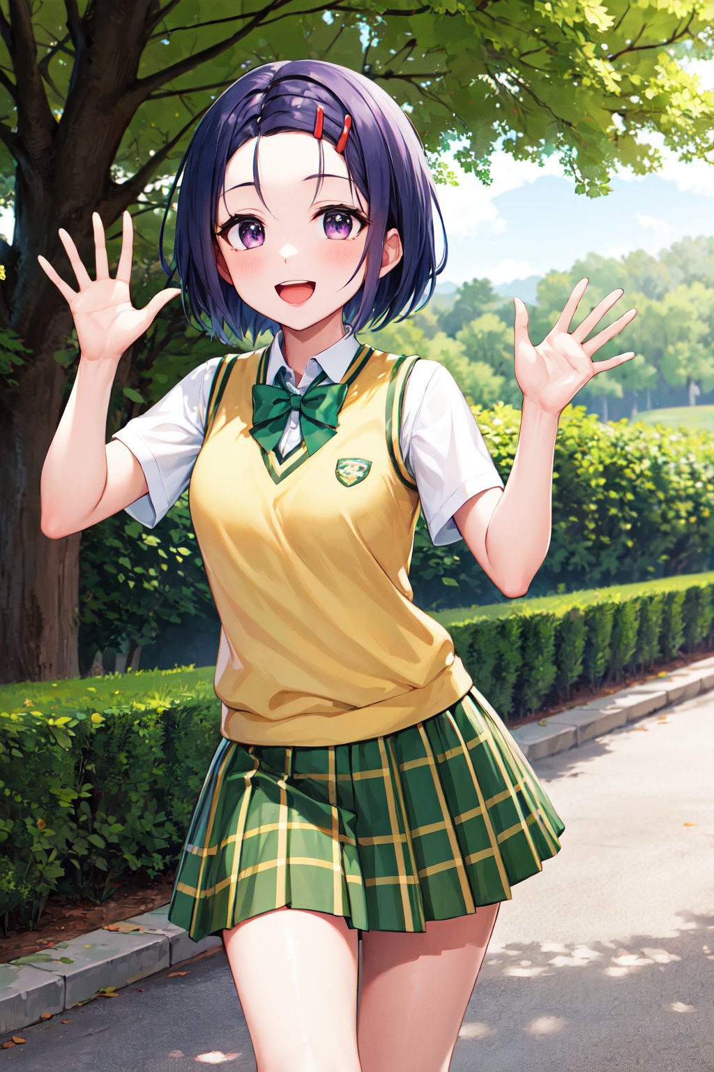 masterpiece, best quality, highres, aaharuna, short hair, hairclip, forehead, school uniform, green bowtie, white shirt, sweater vest, yellow vest, short sleeves, plaid skirt, green skirt, pleated skirt, <lora:sairenji_haruna_v1:0.7>, standing, cowboy shot, outdoors, waving, smile, open mouth, 