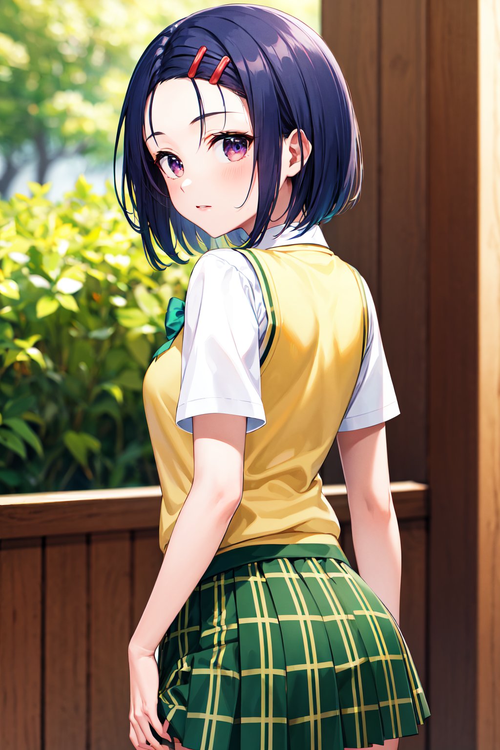 masterpiece, best quality, highres, aaharuna, short hair, hairclip, forehead, school uniform, green bowtie, white shirt, sweater vest, yellow vest, short sleeves, plaid skirt, green skirt, pleated skirt, <lora:sairenji_haruna_v1:0.7>, from behind, looking at viewer, standing, outdoors,