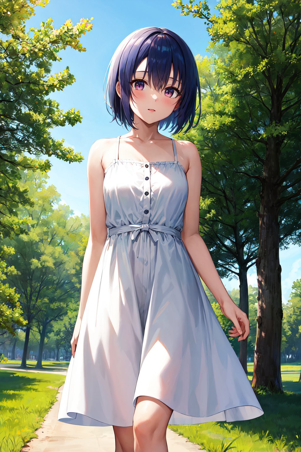 masterpiece, best quality, highres, aaharuna, short hair, bangs, <lora:sairenji_haruna_v1:0.7>, sundress, white dress, park, walking, cowboy shot, blue sky,