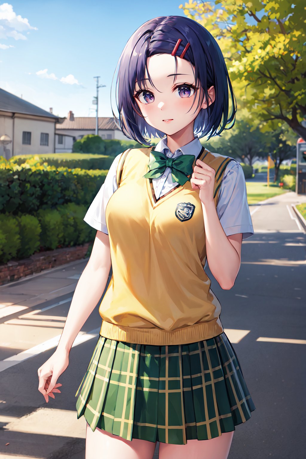 masterpiece, best quality, highres, aaharuna, short hair, hairclip, forehead, school uniform, green bowtie, white shirt, sweater vest, yellow vest, short sleeves, plaid skirt, green skirt, pleated skirt, <lora:sairenji_haruna_v1:0.7>, standing, cowboy shot, outdoors,