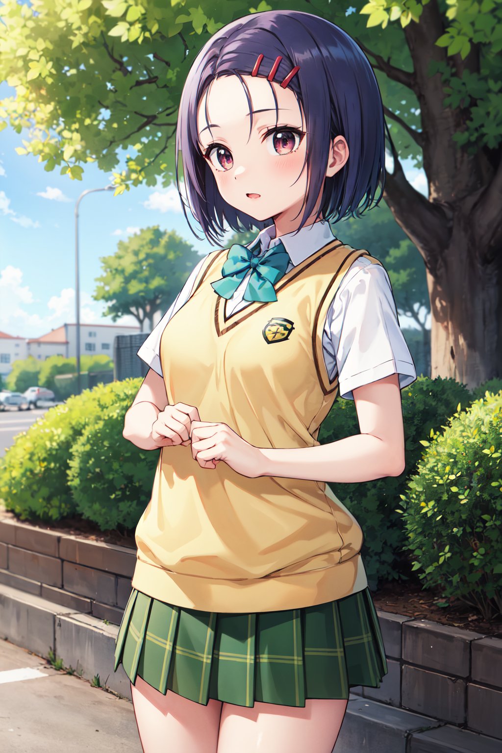 masterpiece, best quality, highres, aaharuna, short hair, hairclip, forehead, school uniform, green bowtie, white shirt, sweater vest, yellow vest, short sleeves, plaid skirt, green skirt, pleated skirt, <lora:sairenji_haruna_v1:0.7>, standing, cowboy shot, outdoors,