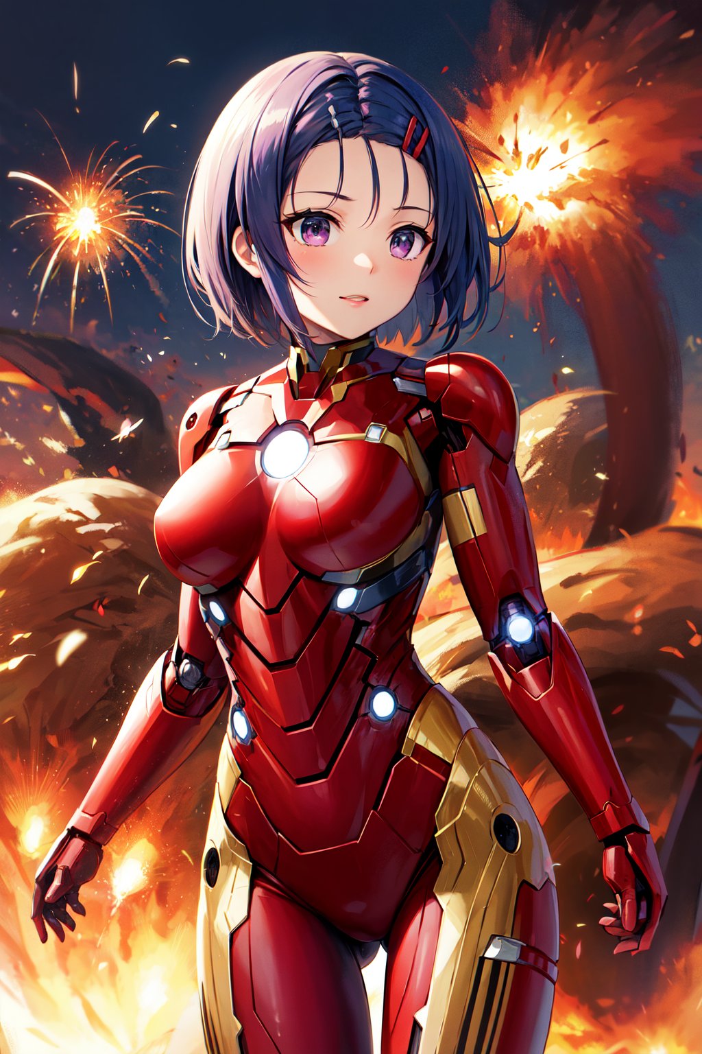 masterpiece, best quality, highres, aaharuna, short hair, hairclip, forehead, <lora:sairenji_haruna_v1:0.7>, bodysuit, iron man, standing, explosion, cowboy shot, 