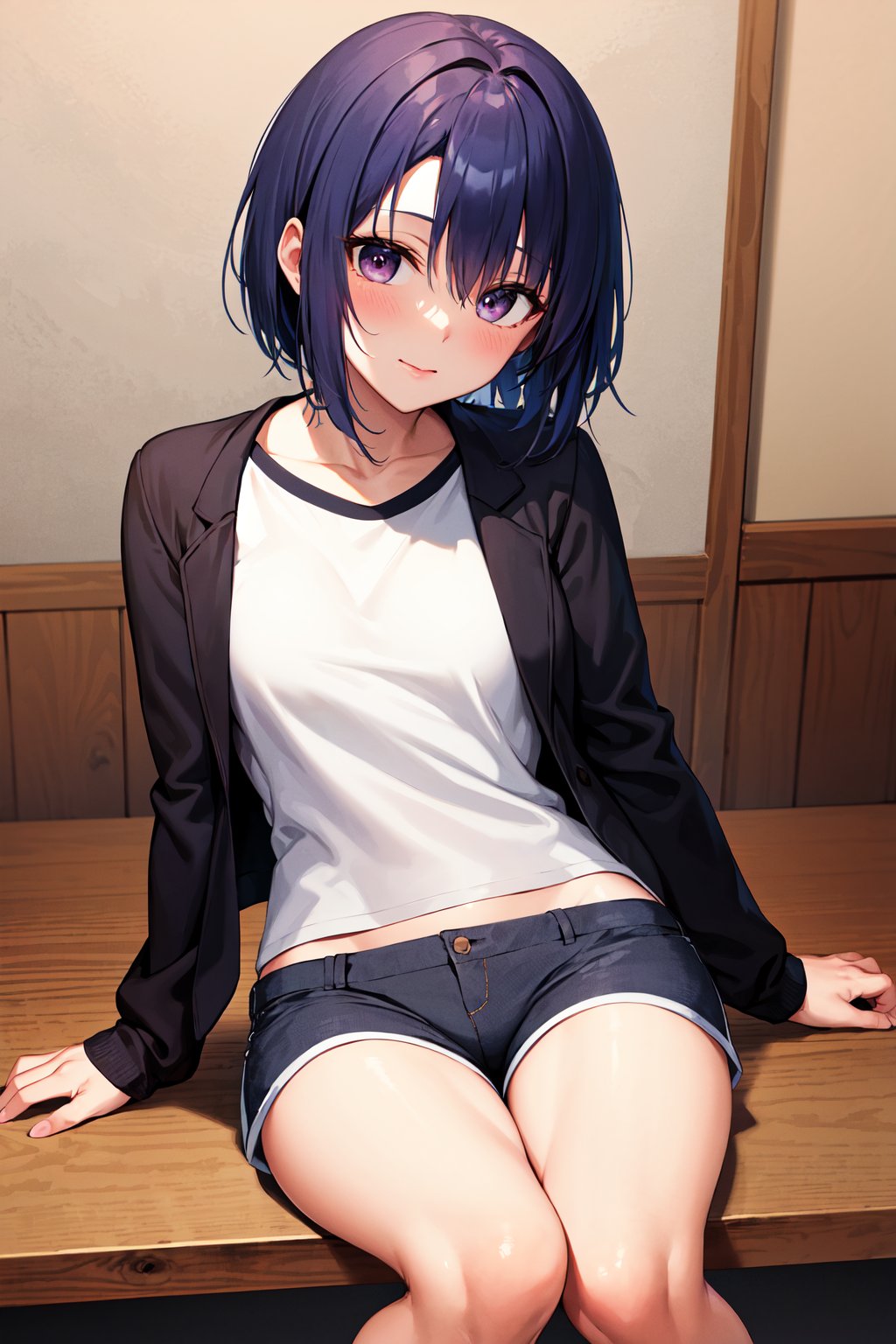 masterpiece, best quality, highres, aaharuna, short hair, bangs, <lora:sairenji_haruna_v1:0.7>, black jacket, cropped jacket, shirt, mini shorts, sitting