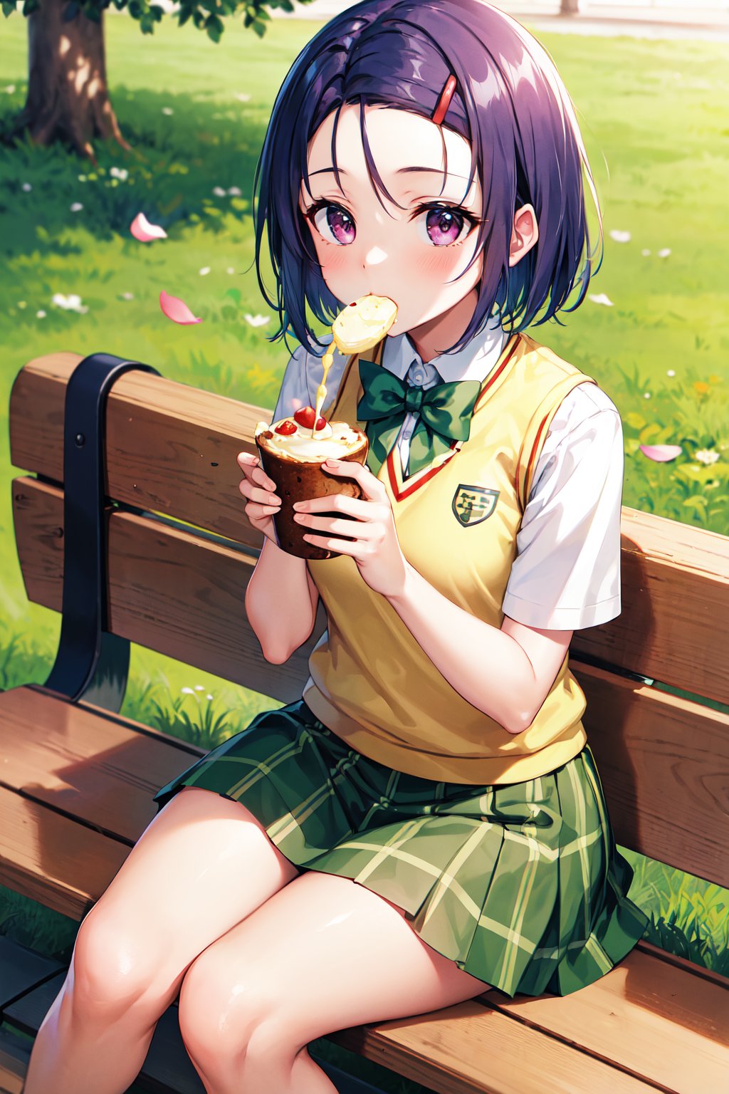 masterpiece, best quality, highres, aaharuna, short hair, hairclip, forehead, school uniform, green bowtie, white shirt, sweater vest, yellow vest, short sleeves, plaid skirt, green skirt, pleated skirt, <lora:sairenji_haruna_v1:0.7>, sitting, food, eating, bench, outdoors, petals