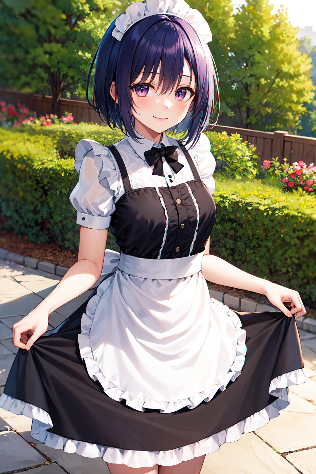 masterpiece, best quality, highres, aaharuna, short hair, bangs, <lora:sairenji_haruna_v1:0.7>, maid, maid headdress, black dress, apron, skirt hold, garden, smile