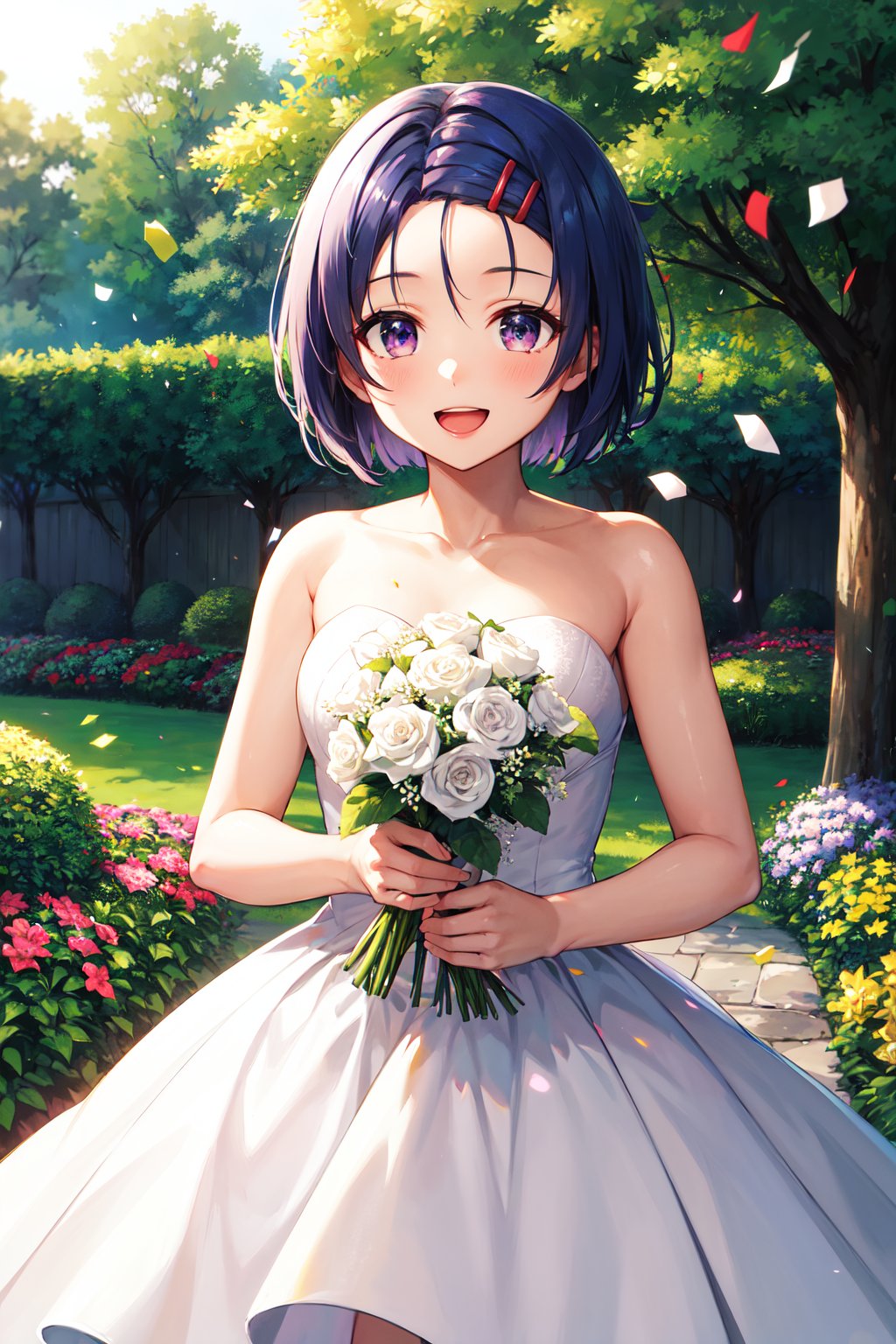 masterpiece, best quality, highres, aaharuna, short hair, hairclip, forehead, <lora:sairenji_haruna_v1:0.7>, wedding dress, white dress, garden, smile, holding bouquet, open mouth, confetti, 