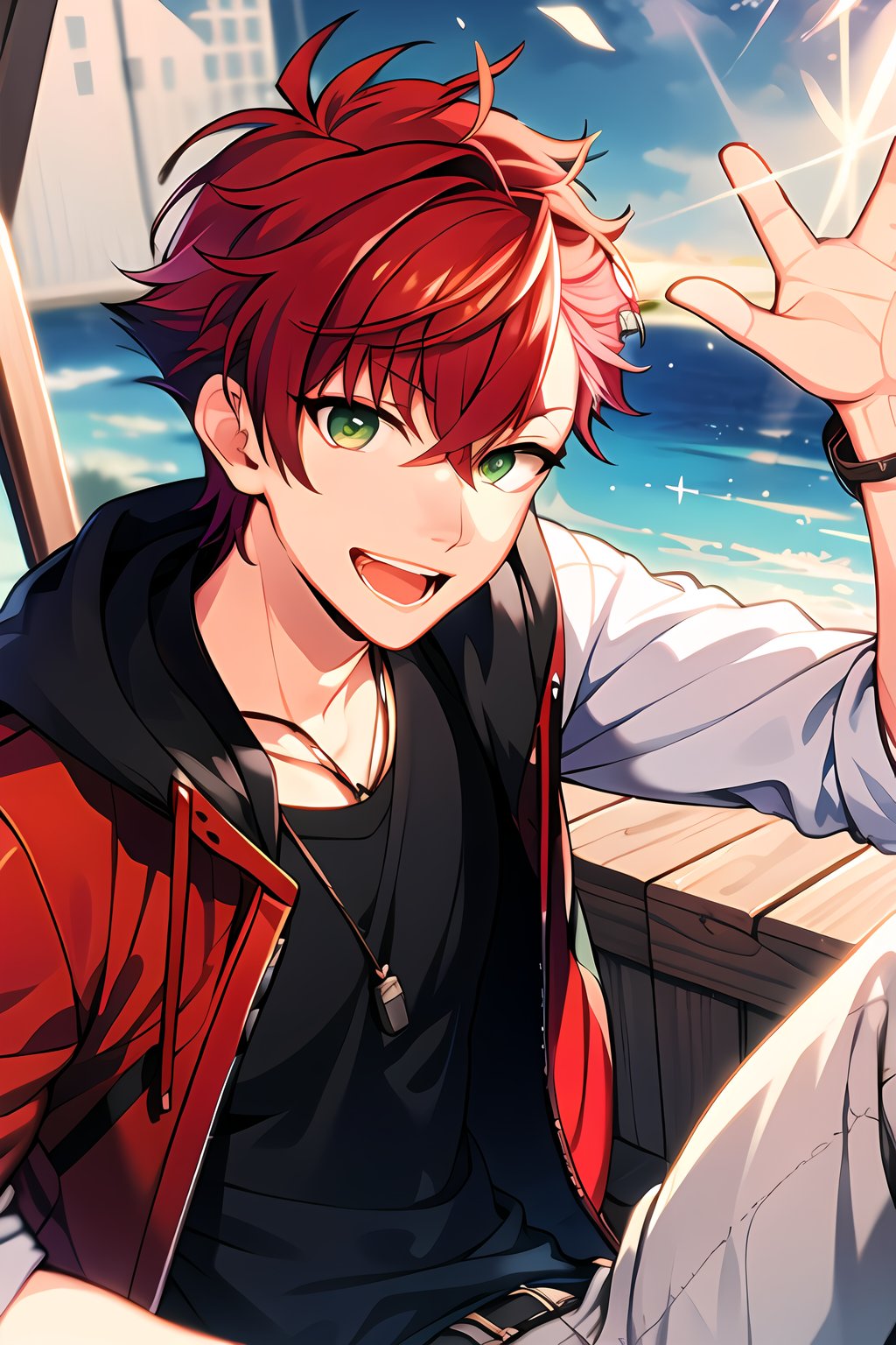 masterpiece, best quality, Looking at viewer, 1boy, solo, male,smile, open mouth, light ray, upper_body,Akira_Otori, red hair, green eyes, sun, sitting, 