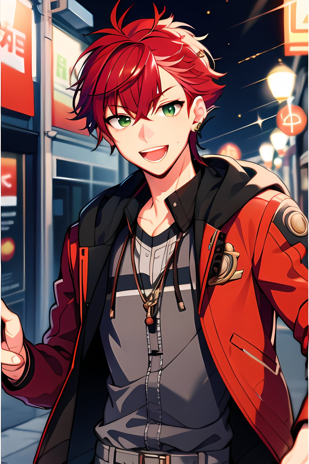 masterpiece, best quality, Looking at viewer, 1boy, solo, male,smile, open mouth, light ray, upper_body,Akira_Otori, red hair, green eyes,