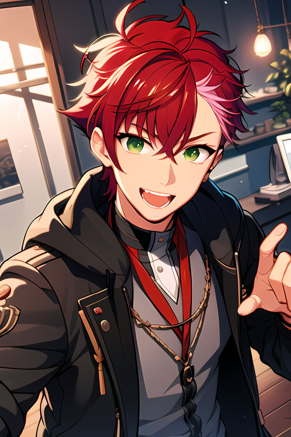 masterpiece, best quality, Looking at viewer, 1boy, solo, male,smile, open mouth, light ray, upper_body,Akira_Otori, red hair, green eyes,
