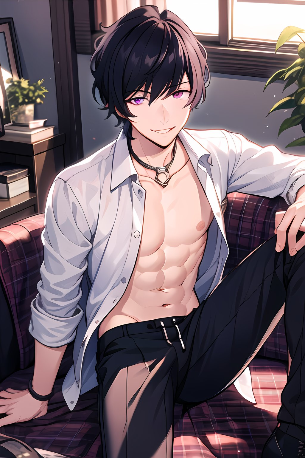 masterpiece, best quality, Looking at viewer, 1boy, solo, male,smile, light ray, faith beams,Black hair,Purple eyes, open shirt, sexy, sitting,