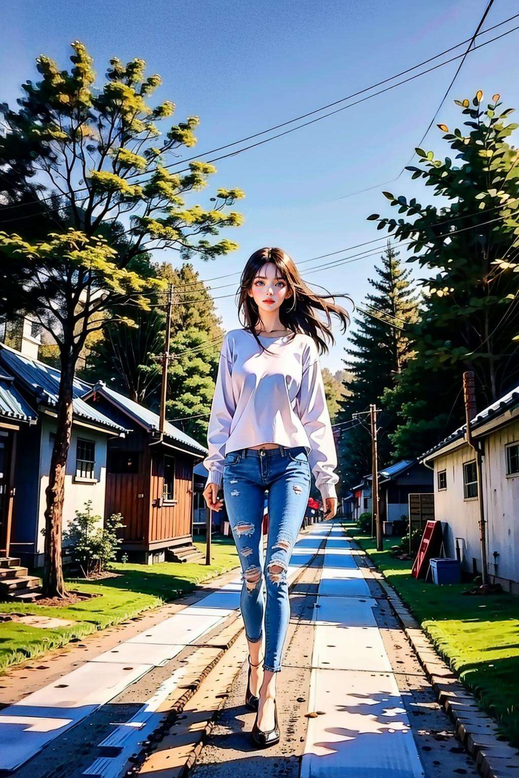 <lora:mn_20231013145446:0.9>,<lora:古街道:0.7>,mn,(1girl:1.3),look straight into the camera,jeans,full body,gujiedao,no humans,tree,scenery,outdoors,grass,house,power lines,road,traditional media,day,utility pole,building,sky,wide-angle lens,