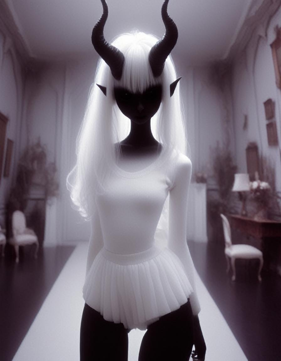 walking through  a decadent mansion , a  very pale white  skin demon girl with black horns, (pitch black eyes:1),( wearing white tank sweater and white tutu:1.2) , ( black gradient arms and legs:1.2) , white hair , well lit  , very skinny,     <lora:Wb1:1>    <lora:HRII:1.5>
