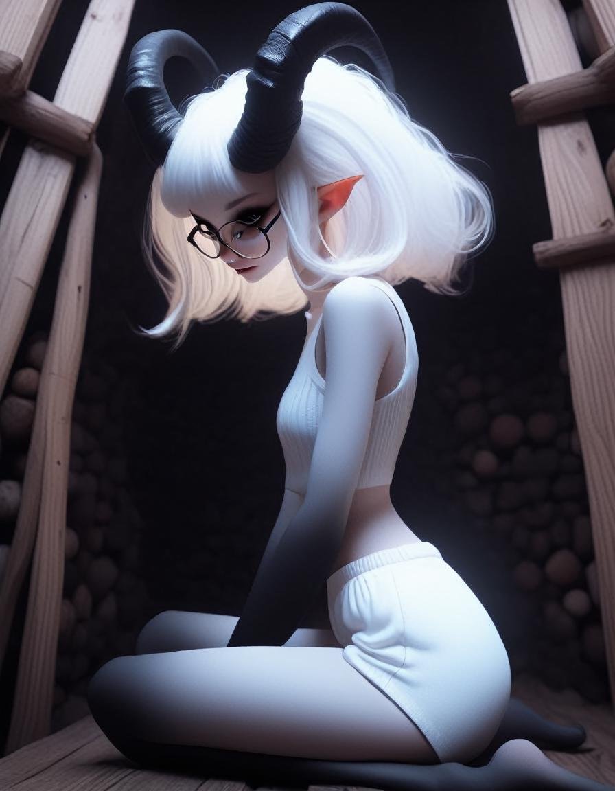 (profile view,:1.2) relaxing in a witches hut, a very pale white skin demon girl with black horns, (pitch black eyes:1),( wearing white tank sweater and white bubble shorts:1.2) , ( black gradient arms and legs:1.2) , white hair , well lit , very skinny, <lora:Wb1:1> freckles, <lora:add-detail-xl:.4>intricate detail, (oversized glasses:1.2)