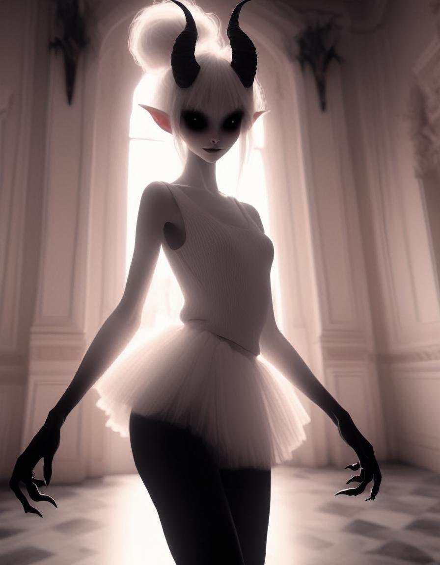 walking through  a decadent mansion , a  very pale white  skin demon girl with black horns, (pitch black eyes:1),( wearing white tank sweater and white tutu:1.2) , ( black gradient arms and legs:1.2) , white hair , well lit  , very skinny,     <lora:Wb1:1>  