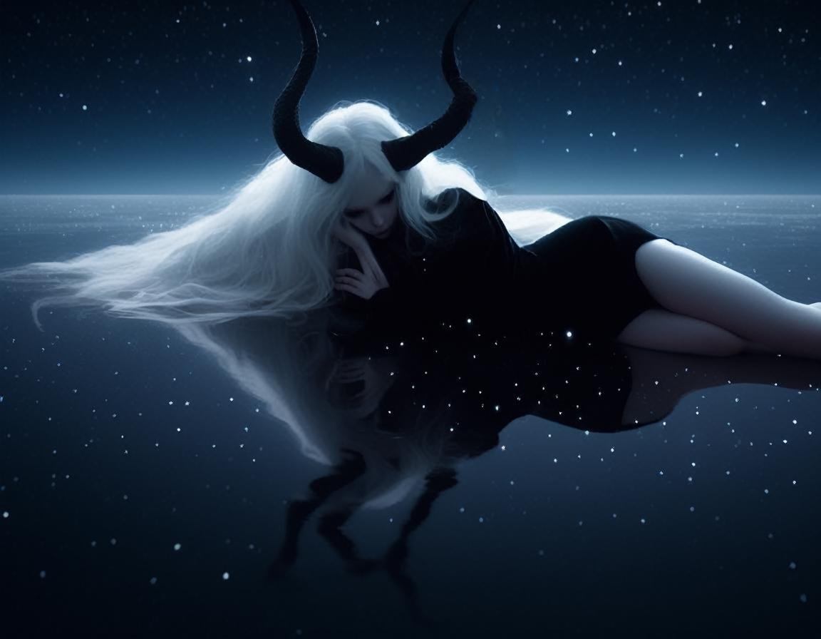 laying down near a river at night , pale skin demon woman,   (long black horns,:1.2) with evil seductive vibe , ( black gradient arms and legs:1) , white hair , well lit <lora:Wb1:1> starry night, reflections, dramatic pose