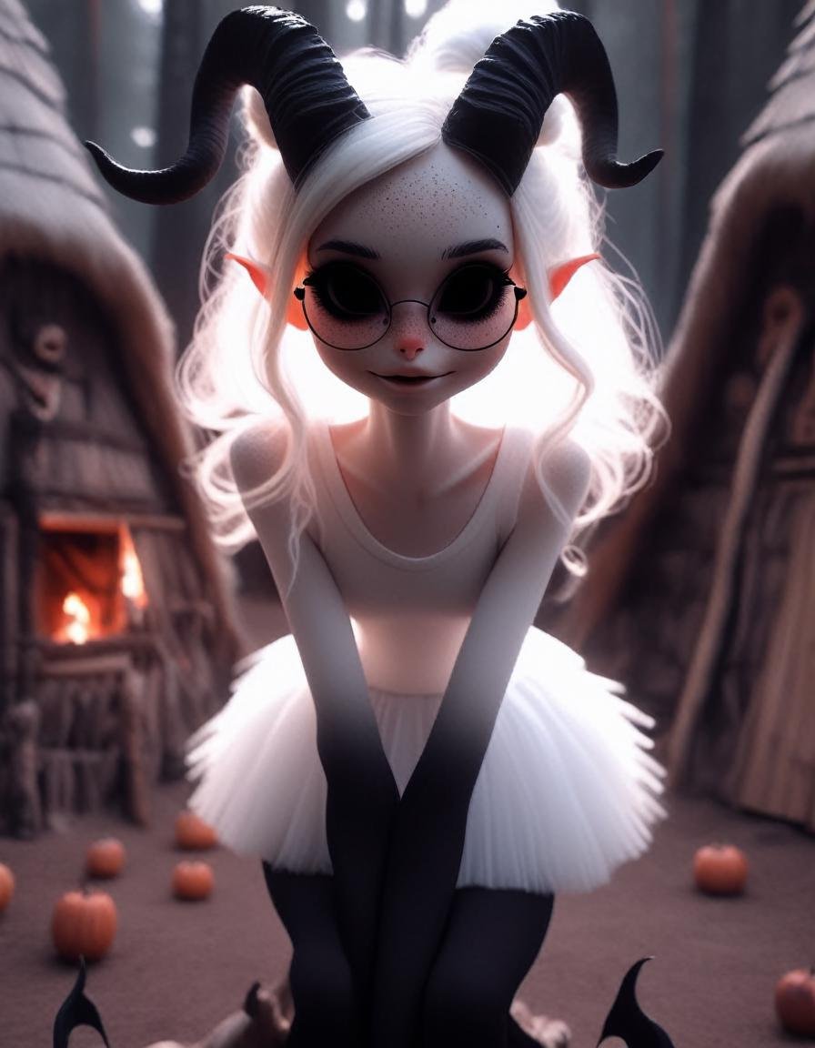 relaxing in a witches hut, a  very pale white  skin demon girl with black horns, (pitch black eyes:1),( wearing white tank sweater and white tutu:1.2) , ( black gradient arms and legs:1.2) , white hair , well lit  , very skinny,     <lora:Wb1:1>   freckles, <lora:add-detail-xl:.4>intricate detail, (oversized glasses:1.2)