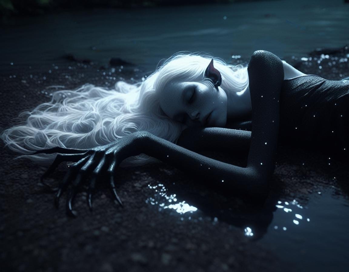 laying down by river at night , pale skin demon woman,   with evil seductive vibe , ( black gradient arms and legs:1) , white hair , well lit <lora:Wb1:.8> freckles