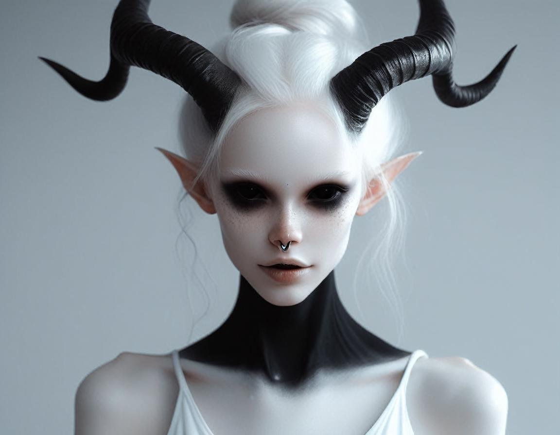(head shot portrait:1.3) of  very pale white  skin demon girl with black horns, (pitch black eyes:1.2),  white background  , ( black gradient arms and legs:1.2) , white hair , well lit  , very skinny,     <lora:Wb1:1>  (raw photo:1.4), (photorealistic:1.3),  best quality, highest quality, extremely detailed CG unity 8k wallpaper, 