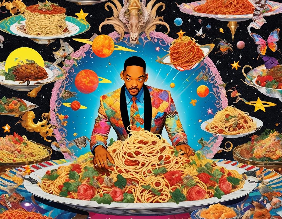 collage patterns vibrant colors, a will smith in agony eating an endless plate of spaghetti alone in his mansion ,  spiral patterns , fleur de lis, demask , houndstooth , diagonal stripes, <lora:Tomat:.8> cosmic,  stars and planets  , 