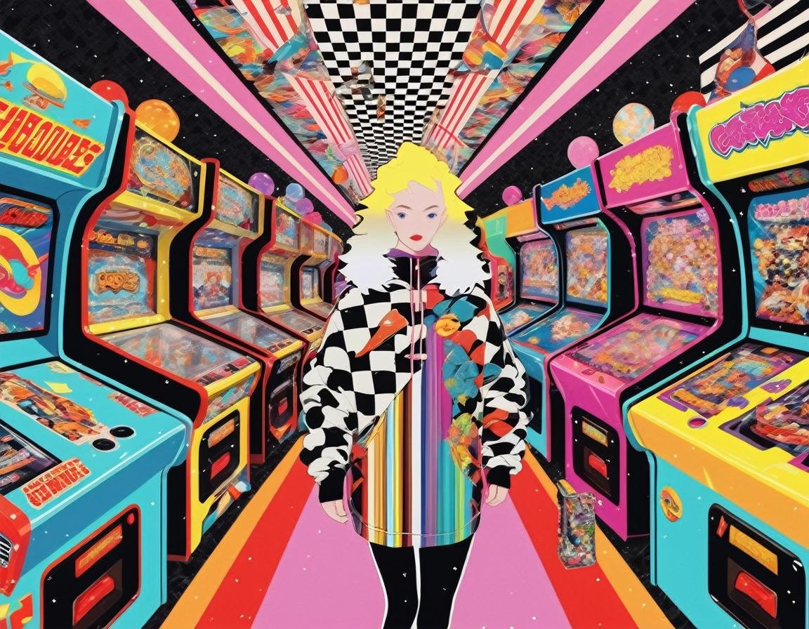 collage patterns vibrant colors, an albino woman in oversized hoodie and leggings walking through an old arcade in tokyo, arcade cabinets and pinball machines,  , diagonal stripes  , houndstooth , diagonal stripes, <lora:Tomat:.8> cosmic,  check, 