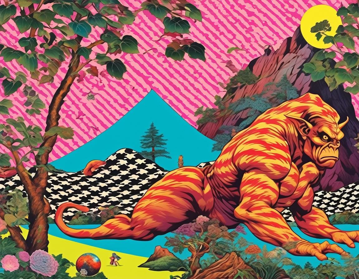 collage patterns vibrant colors, galatea laying low hiding in the shade of a tree by a mountain   as a giant ogre cyclops monster  stalks in the distance   , diagonal stripes  , houndstooth , diagonal stripes, <lora:Tomat:.8> cosmic,  check, 