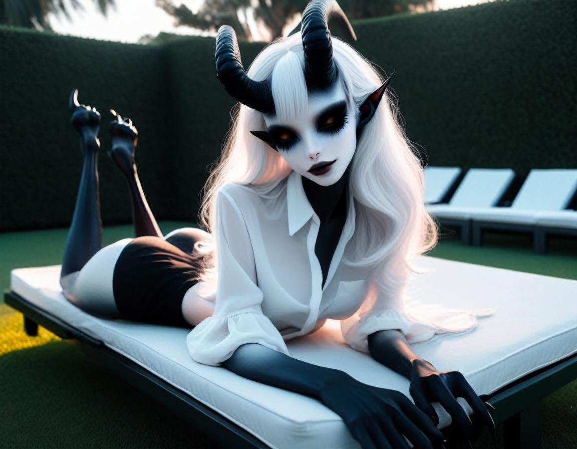 , a very pale white skin demon girl with black horns, (pitch black eyes:1.1),( white blouse, black bikini bottom:1.3) , ( black gradient arms and legs:1.2) , white hair , well lit , very skinny, lounging on a sunlounger in mansion garden <lora:Wb1-000008:1>  