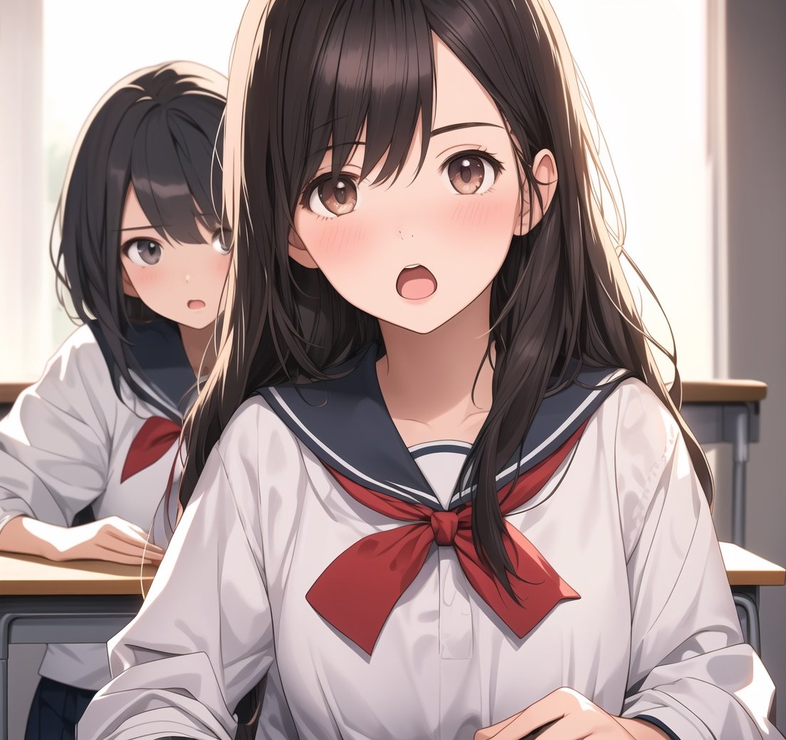 3girls,high definition,student,detailed face,chinese school uniform,open-eyed,shocked look,:o,school_desk,seated,