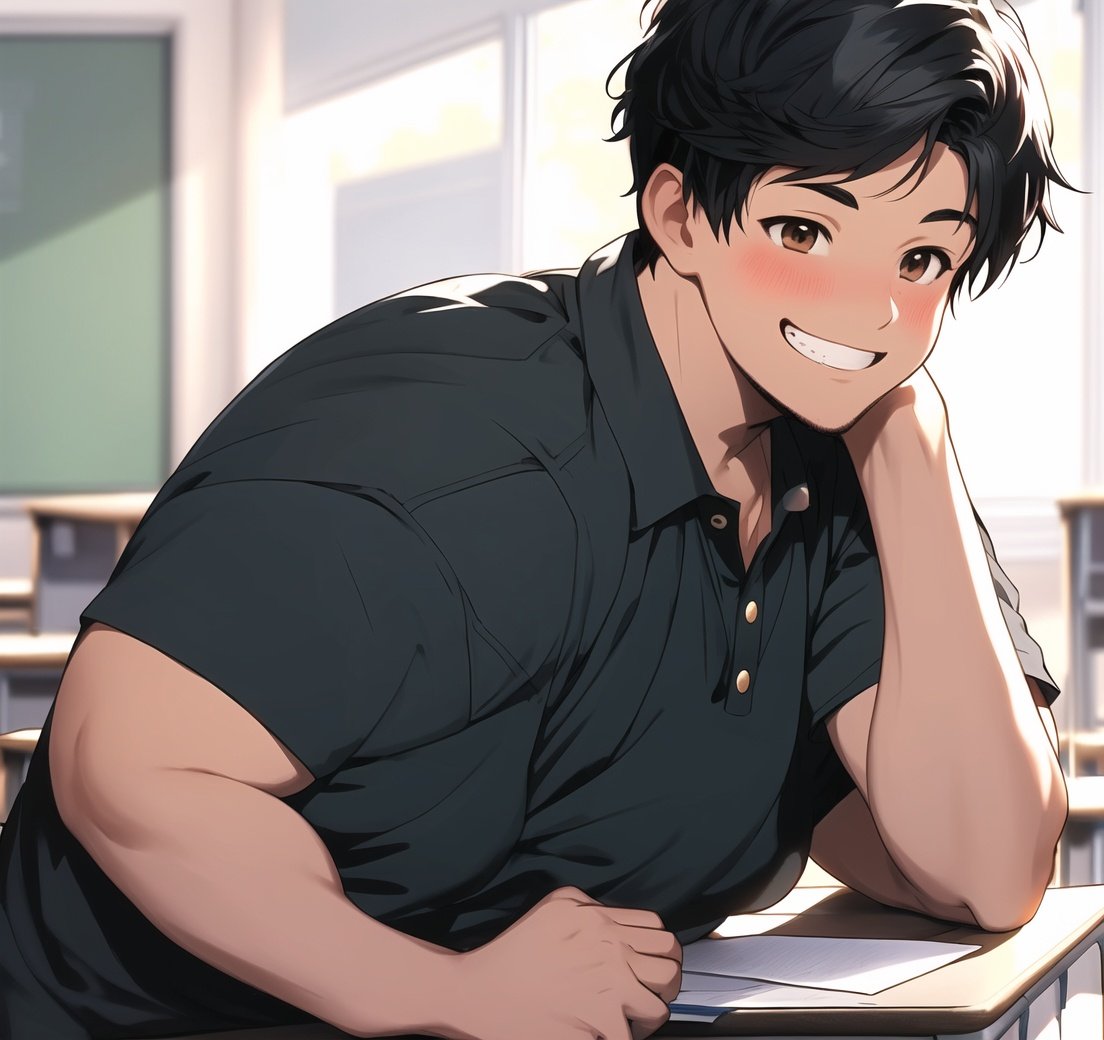 1boy,black hair,brown eyes,(fatty:1.2),high definition,grinning,school_desk,classroom,rotor,(private talk:1.2),short hair,school_uniform,fat,round-headed and round-brained,senior high school student,