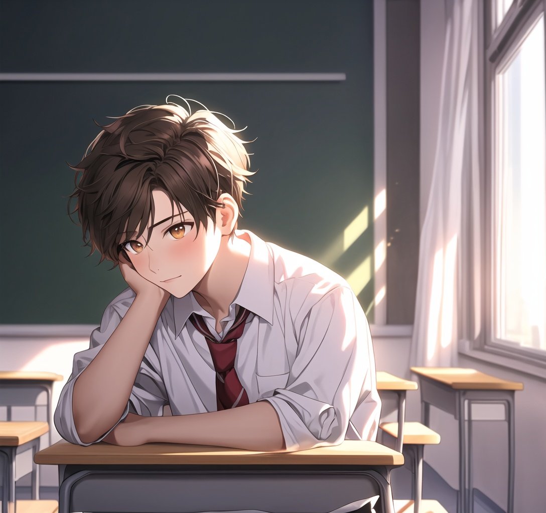 1boy,brown eyes,school_uniform,head_down,high-definition,classroom,(short brown hair:1.1),glowing_eye,background with multiple students,18 years old,school_desk,sitting,silent,