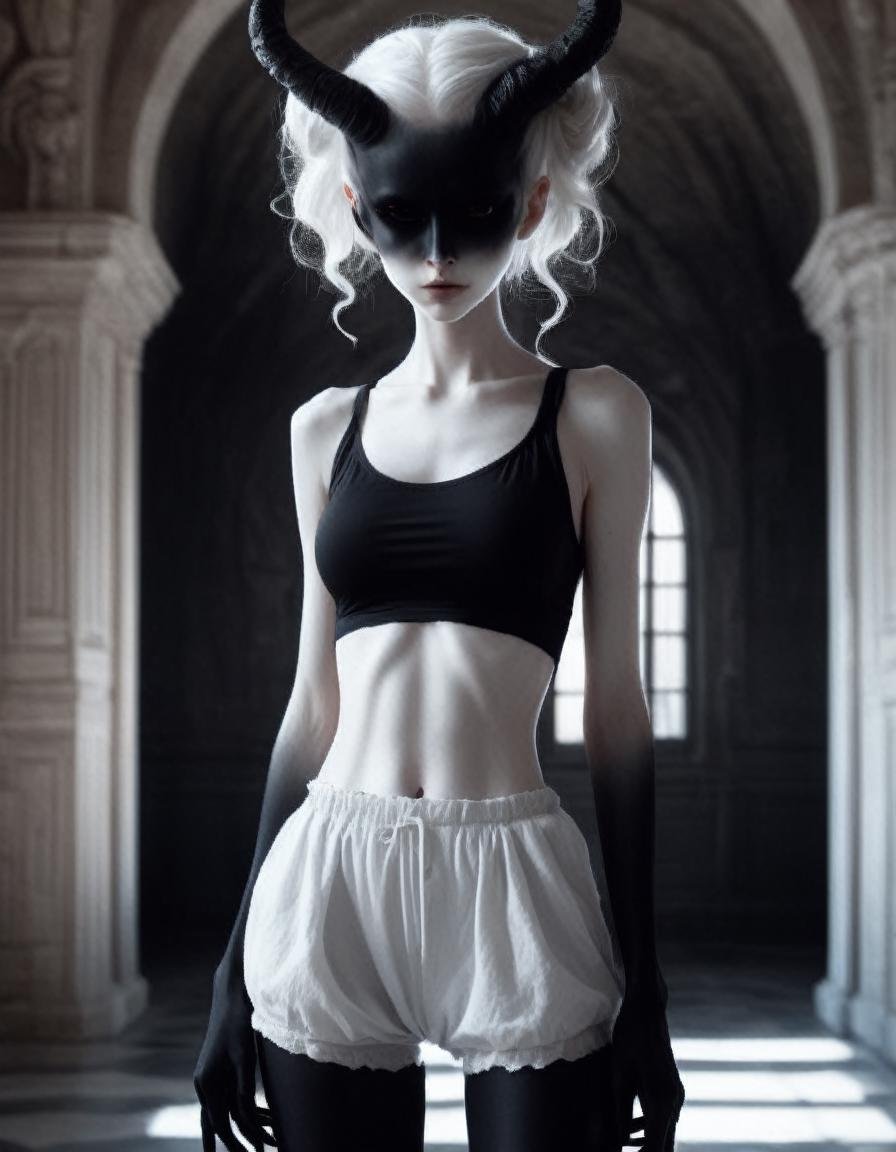 ( , castle room, foyer, stone walls:1), , a very pale white skin demon girl with black horns, (pitch black eyes, painted black blindfold1.1), (  black paint forehead:1.5),( wearing black camisole, black bloomers:1.1) , ( black gradient arms and legs:1.2) ,(updo bun white hair:1.2) , well lit , very skinny, <lora:WB2.2:.8>   