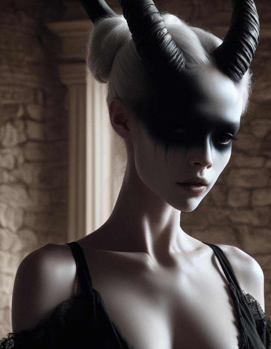 ( , castle room, foyer, stone walls:1), , a very pale white skin demon girl with black horns, (pitch black eyes, painted black blindfold), (  black paint forehead:1.1),( wearing black camisole, black bloomers:1.1) , ( black gradient arms and legs:1.2) ,(updo bun white hair:1.2) , well lit , very skinny, <lora:WB2.2:.8>   