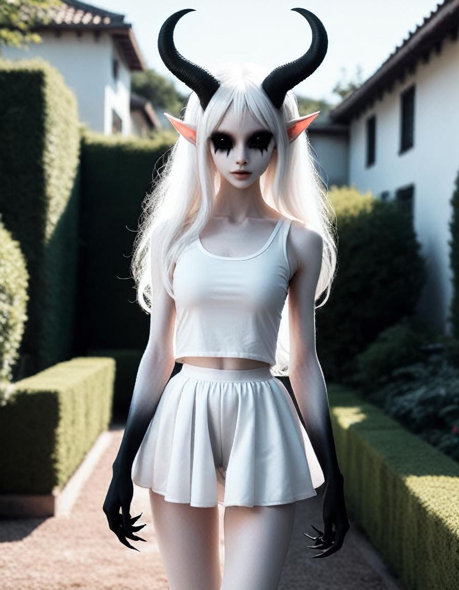 walking through a garden , a very pale white skin demon girl with black horns, (pitch black eyes:1),( wearing white tank , white tutu:1.3) , ( black gradient arms and legs:1.2) ,long white hair , well lit , very skinny, <lora:WB2.2:1> ,,  