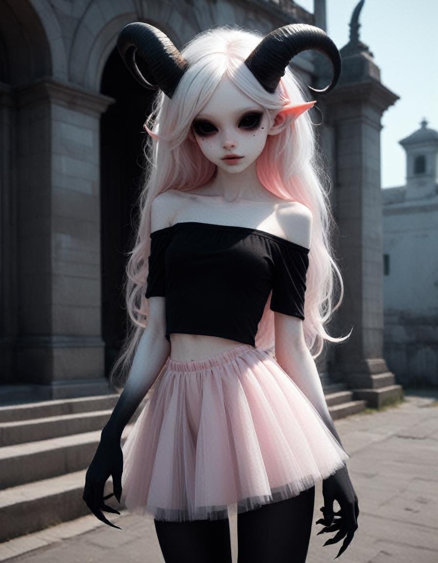 graveyard  , a very pale white skin demon girl with black horns, (pitch black eyes:1),( wearing off shoulder t-shirt, pink tulle skirt:1.3) , ( black gradient arms and legs:1.2) ,long white hair , well lit , very skinny, <lora:WB2.2:1> ,,   <lora:slim-000007:.5>, (raw photo:1.4), (photorealistic:1.3),  best quality, highest quality, extremely detailed CG unity 8k wallpaper, detailed and intricate, original,highres,   ,realistic:1.3,(ambient light:1),(neon lights:0.1),(HDR:1),