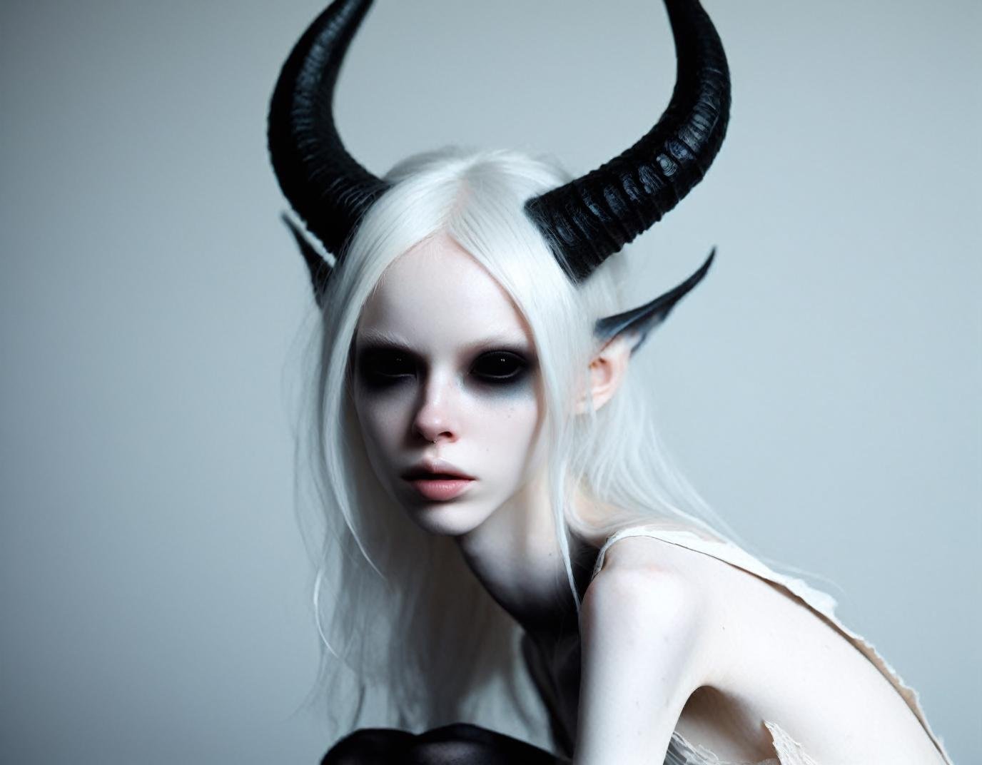 ( head shot portrait:1.3) of very pale white skin demon girl with black horns, (pitch black eyes:1), white background , ( black gradient arms and legs:1) , white hair , well lit , very skinny <lora:WB2.2:1> , (very skinny:1.2), (raw photo:1.4), (photorealistic:1.3), best quality, highest quality, extremely detailed CG unity 8k wallpaper, detailed and intricate, original,highres, ,realistic:1.3,(ambient light:1),(neon lights:0.1),(HDR:1),