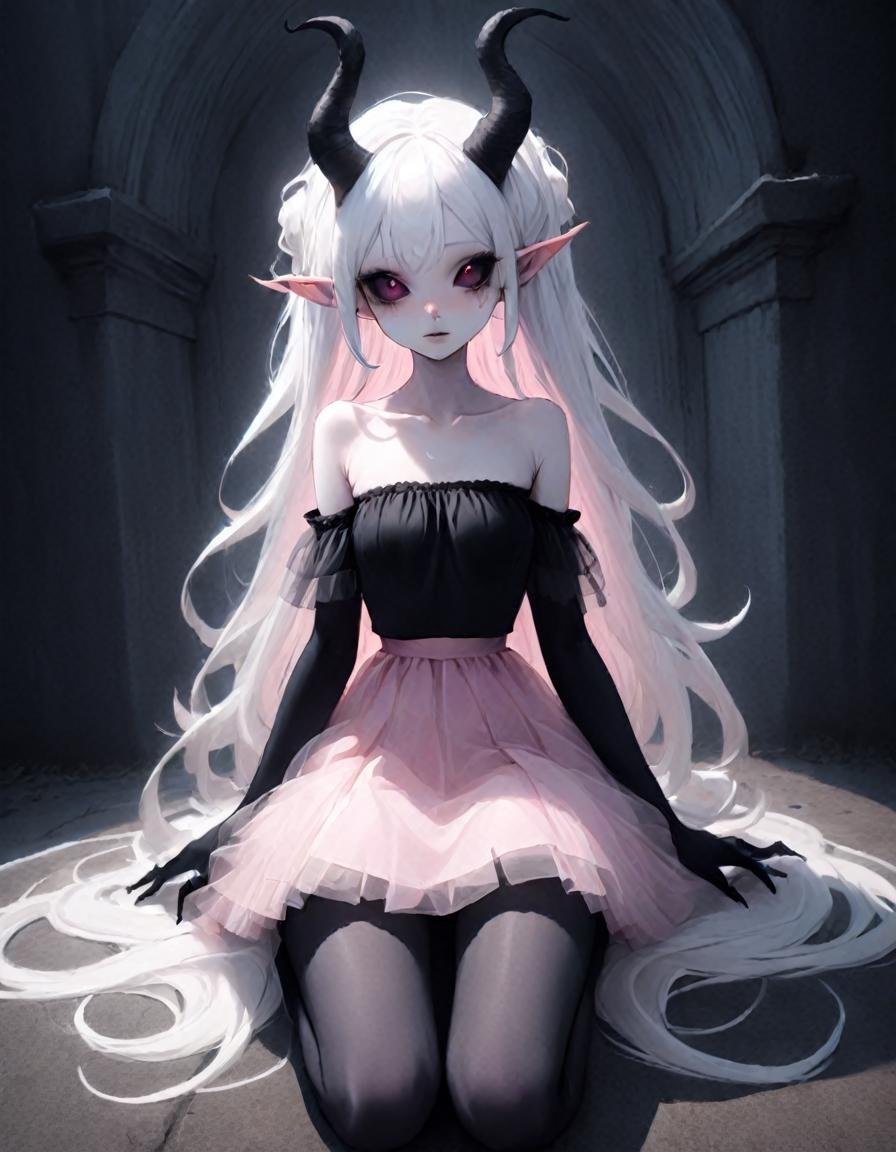 graveyard  , a very pale white skin demon girl with black horns, (pitch black eyes:1),( wearing off shoulder t-shirt, pink tulle skirt:1.3) , ( black gradient arms and legs:1.2) ,long white hair , well lit , very skinny, <lora:WB2.2:1> ,,   <lora:slim-000007:.5>