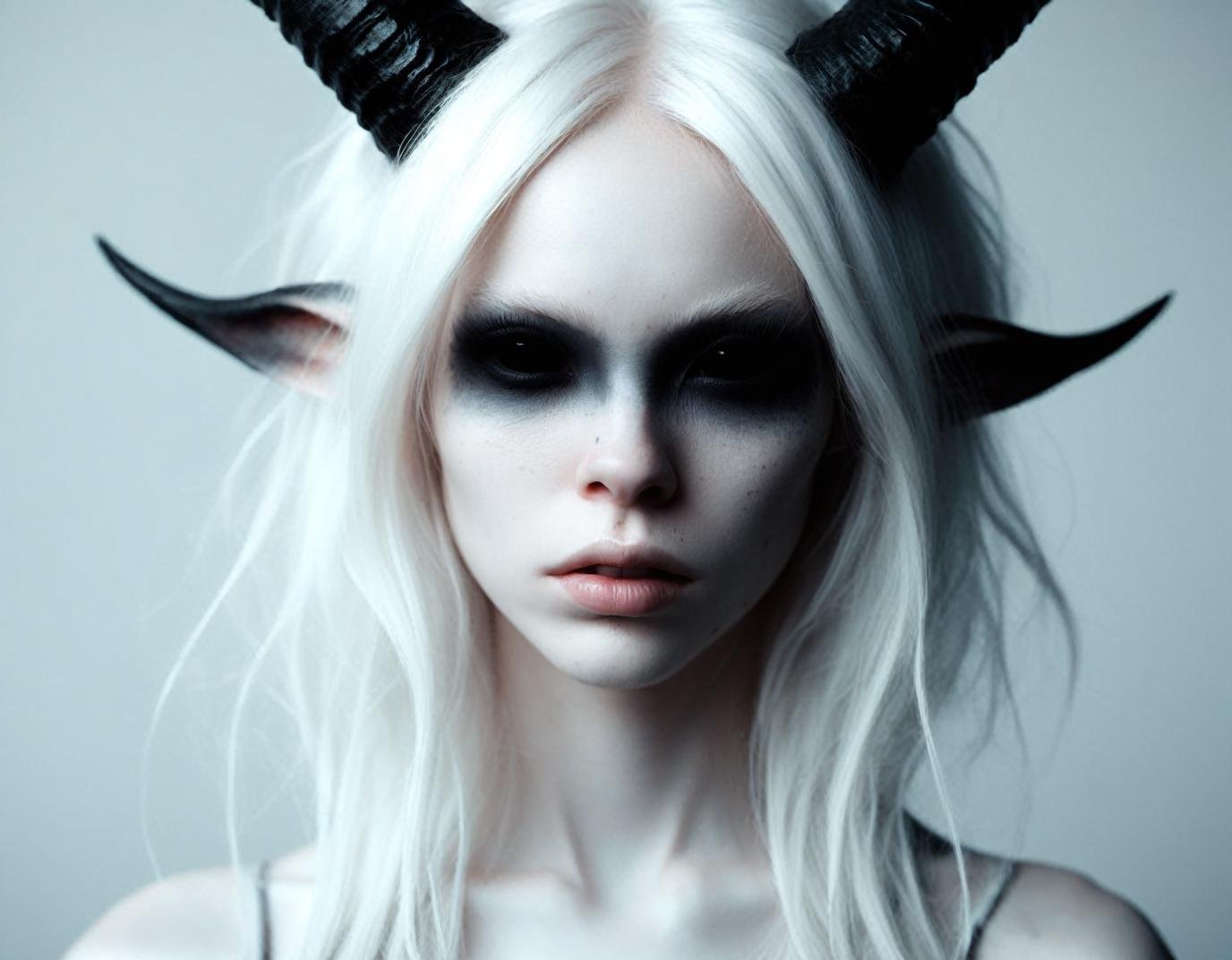 ( head shot portrait:1.3) of very pale white skin demon girl with black horns, (pitch black eyes:1), white background , ( black gradient arms:1) , white hair , <lora:WB2.2:1> ,, (raw photo:1.4), (photorealistic:1.3), best quality, highest quality, extremely detailed CG unity 8k wallpaper, detailed and intricate, original,highres, ,realistic:1.3,(ambient light:1),(neon lights:0.1),(HDR:1),