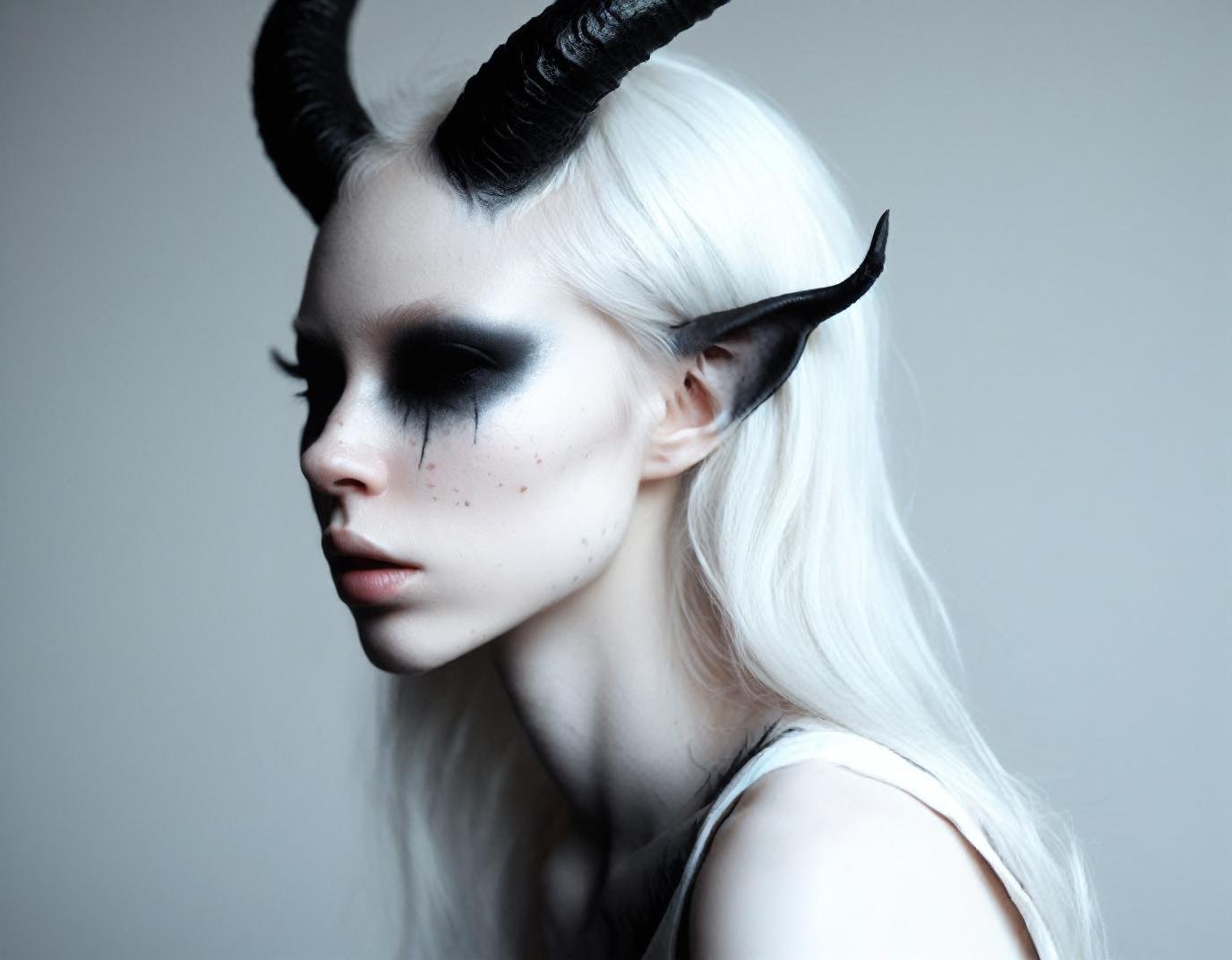 ( head shot ,profile, side view portrait:1.3) of very pale white skin demon girl with black horns, (pitch black eyes:1), white background , ( black gradient arms:1) , white hair , <lora:WB2.2:1> ,, (raw photo:1.4), (photorealistic:1.3), best quality, highest quality, extremely detailed CG unity 8k wallpaper, detailed and intricate, original,highres, ,realistic:1.3,(ambient light:1),(neon lights:0.1),(HDR:1),