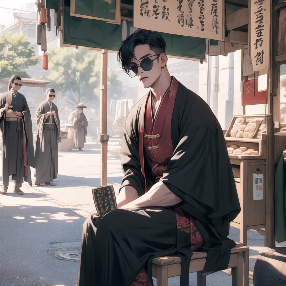 1boy,black eyes,black hair,4K,HD,wearing a pigtail,shirt jacket,grey t-shirt,short black hair,street,bright-eyed,fists in front of his chest,men's qing dynasty clothing robe,taoist priest,fortune teller,(round ink shades:1.4),on the street,farmer's market,fortunetelling,be seated,<lora:cursivescript:1>,black road robe,hanzi,