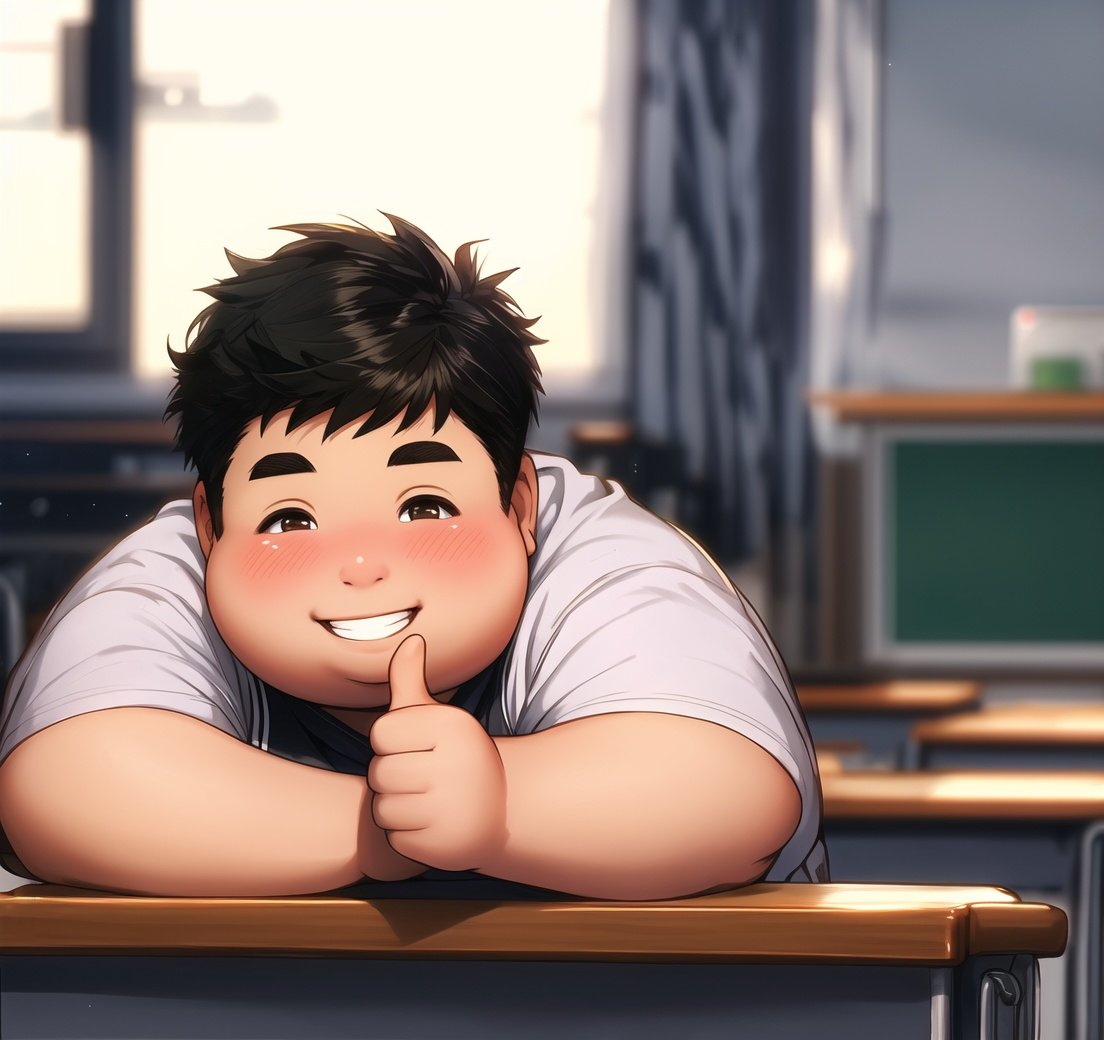 1boy,black hair,brown eyes,(fatty:1.2),high definition,grinning,school_desk,classroom,rotor,private talk,short hair,school_uniform,fat,round-headed and round-brained,senior high school student,(thumb up:1.3),