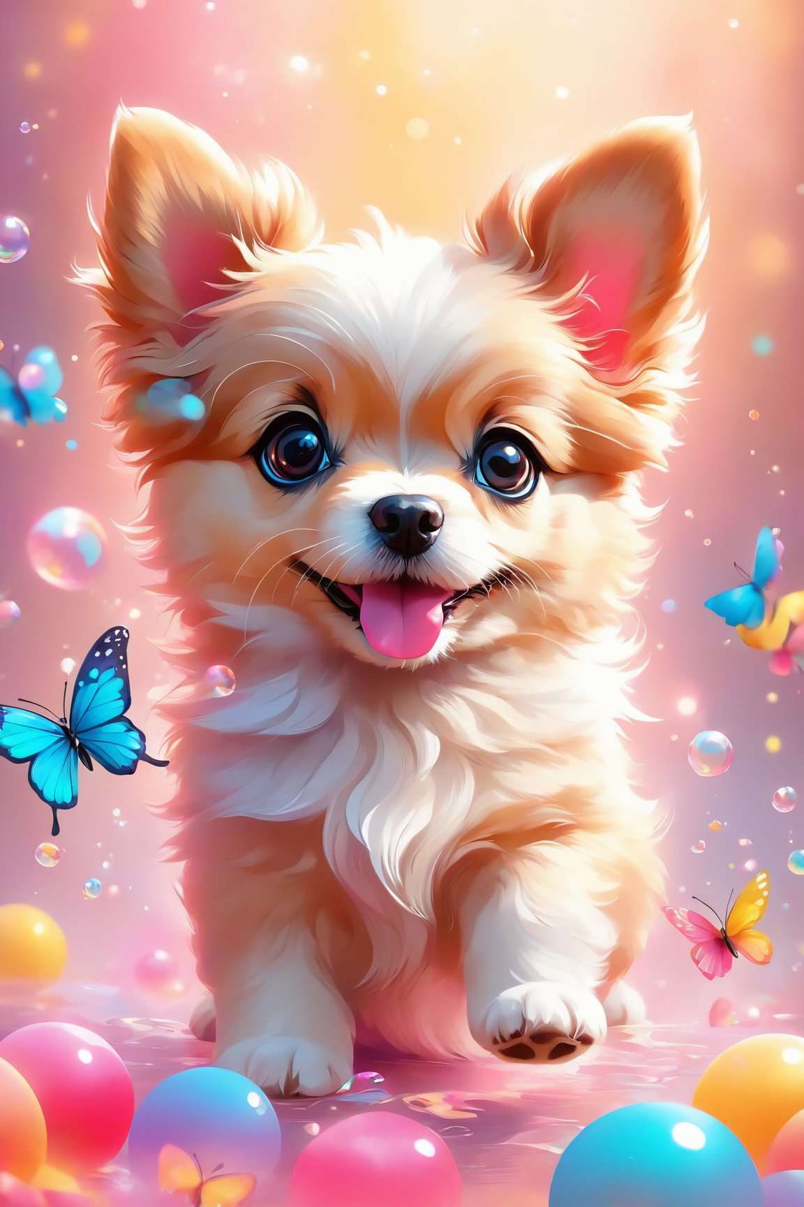 (cute, colorful, dog, vector illustration, portrait), (best quality, 4k, highres, masterpiece:1.2), ultra-detailed, vivid colors, bokeh, light painting, soft lighting, Playful expression, lovely whiskers, tiny pink nose, round expressive eyes, fluffy fur, playful posture, colorful background, toy butterflies, floating bubbles