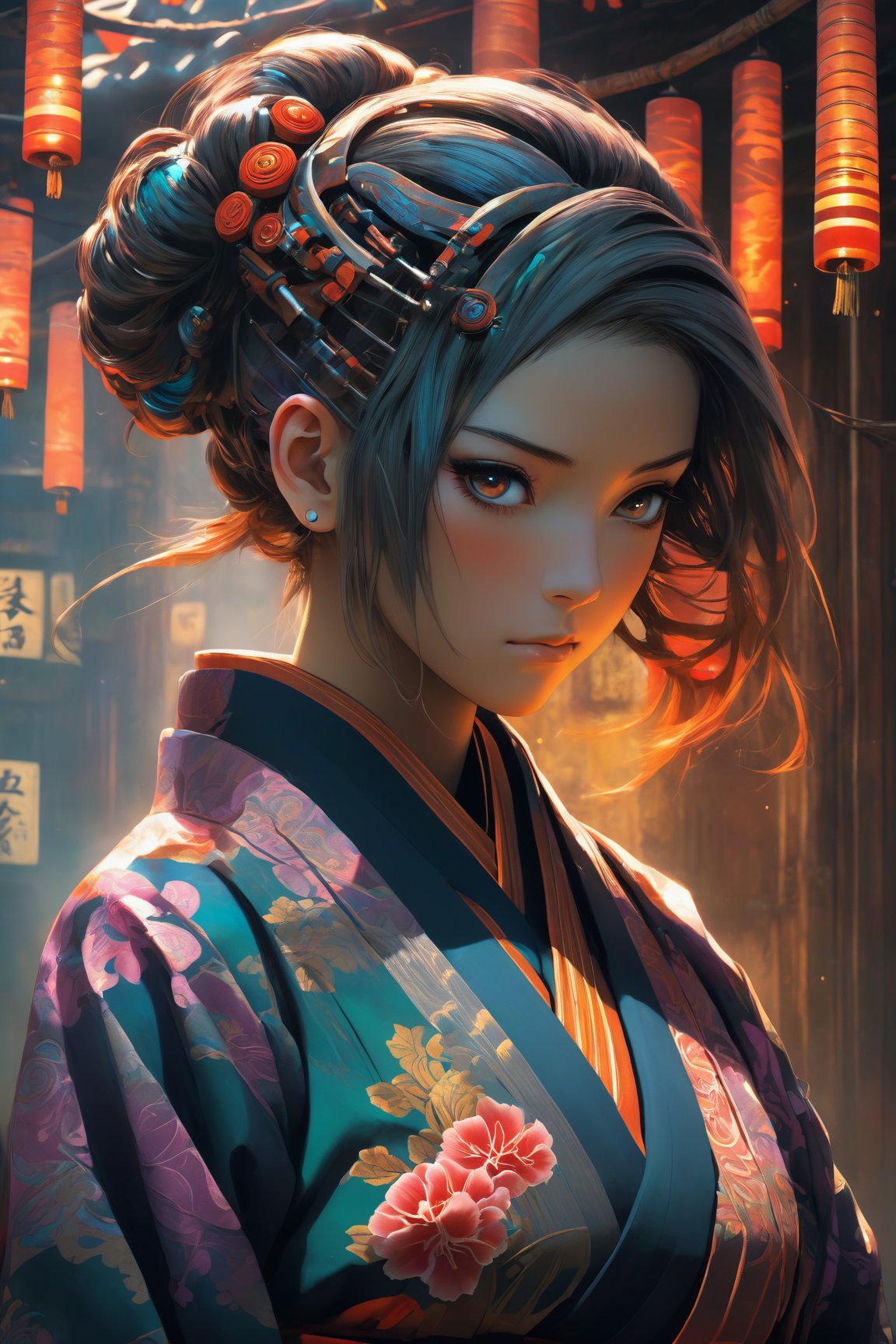 (2D anime illustration) featuring a (cyborg girl) adorned in a colorful (kimono) who appears visibly (tired). Her eyes are closed in a state of rest, and her mechanical arms, detailed and rusty, are highlighted against the backdrop. The character is wearing a (turtleneck) with tight, oriental poetic horror elements. Incorporate intricate details such as (tubes) and (wires) to enhance the cyborg aesthetic. The scene should be imbued with supernatural elements, including (demons), (runes), and a sense of (ghostly haunted ambiance). Aim for a gradient effect on the arms and body to create a visually striking composition. This (illustration) should evoke a blend of Marc Simonetti's distinctive style (1.5) with the thematic elements of a haunting and poetic game art