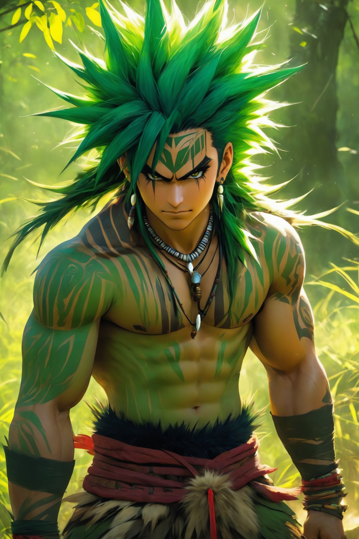 Illustrate a scene in an (Anime style) featuring a (savage male) characterized by (spiky green hair). He is attired in a primitive ensemble, sporting a (loin cloth) and a shirt made of (animal fur). The scene should emphasize his untamed nature, with details such as (feral expressions) and (tribal markings). Pay careful attention to the texture and color of the (environment), providing a backdrop that complements the character's wild and savage demeanor. This illustration aims to capture the essence of a primal and fierce male in a vivid and dynamic (portrait).